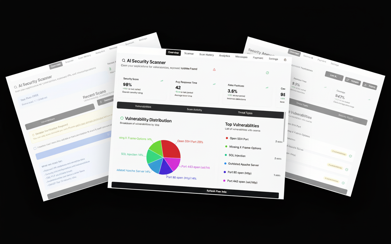 IntelliScan AI Security Dashboard showing vulnerability scans, threat detection, and security monitoring interface